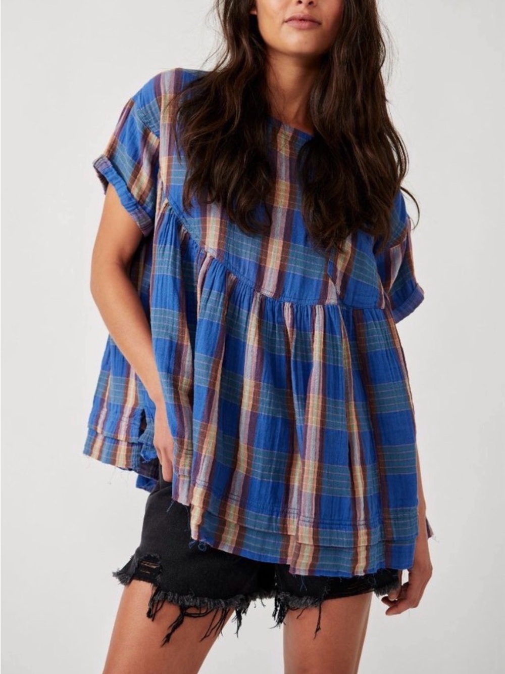 We The Free by Free People Moon City Plaid Babydoll Top Blue Large